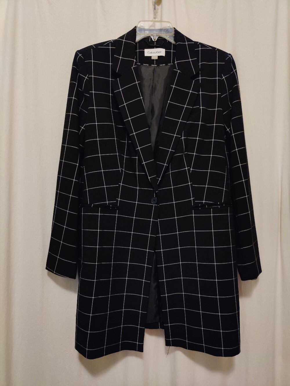 Calvin Klein Black White Window Pane Long Blazer, Size 16